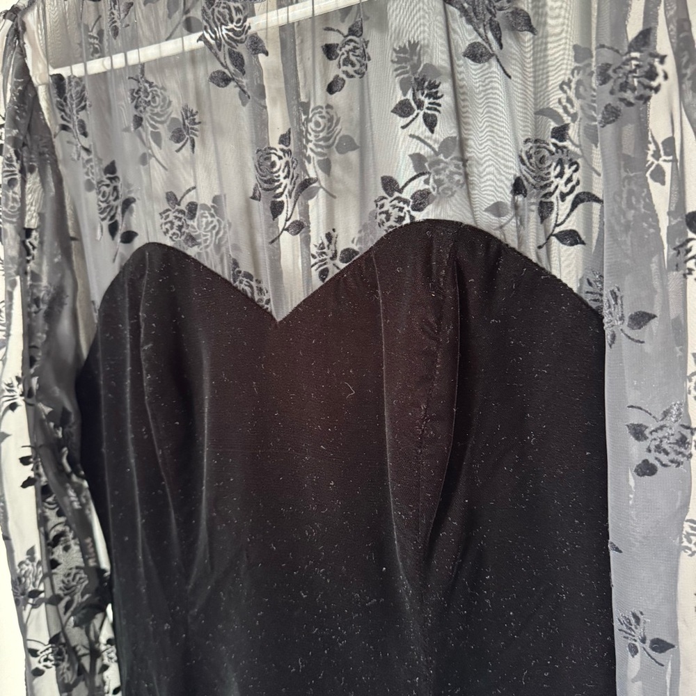 Vintage Niki Black Velvet Floral Dress Size 10 Whimsigoth 80s 90s Prom Sheer - Picture 3 of 13